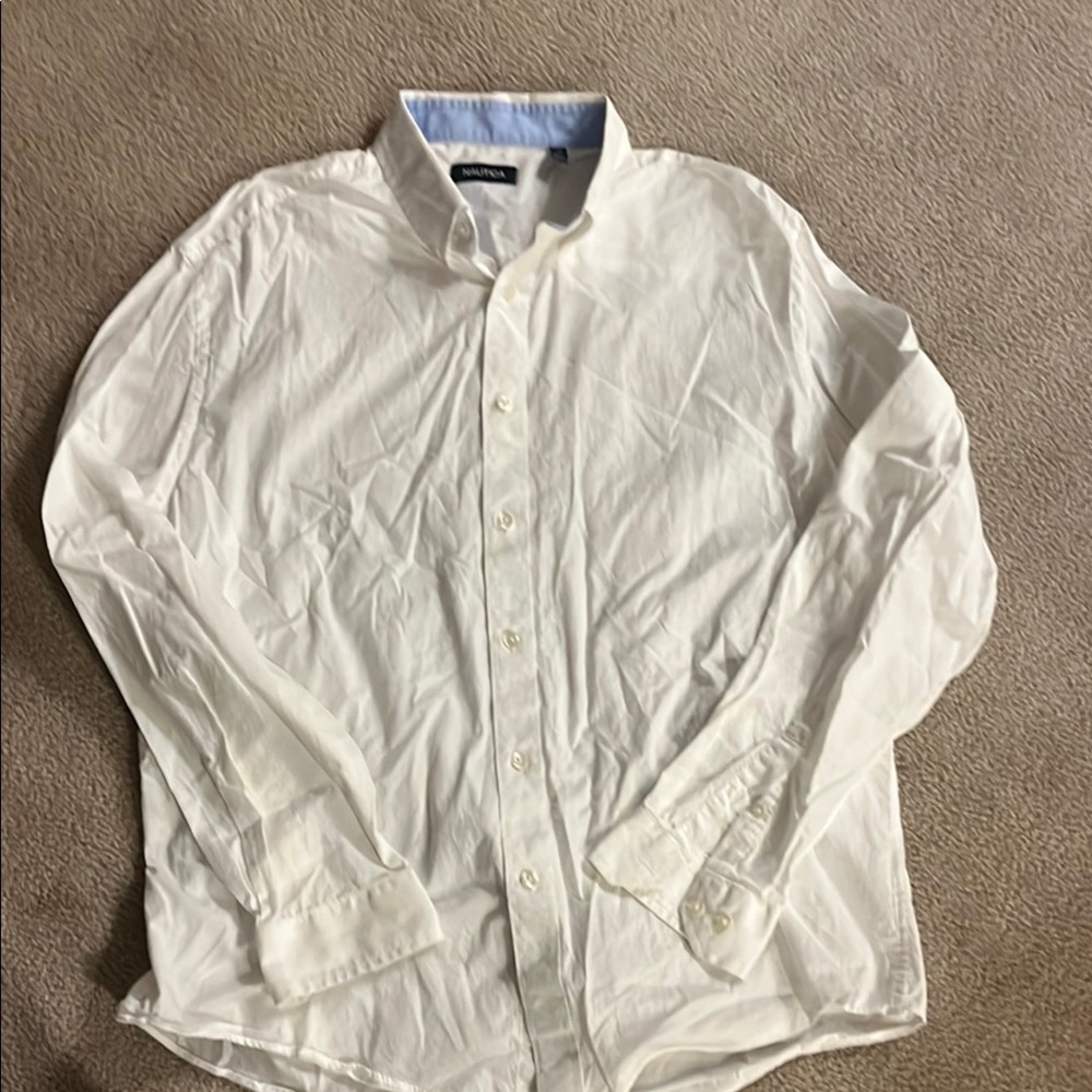 Nautica Men's Long-Sleeve Dress Shirt in White with Light Blue Collar Trim